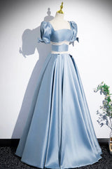 Unique Blue Satin Long Prom Dresses, A-Line Short Sleeve Blue Evening Dresses