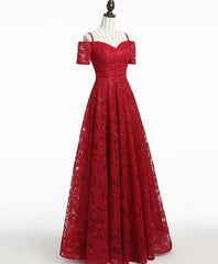 Unique Burgundy Lace Long Prom Dress, Burgundy Evening Dress