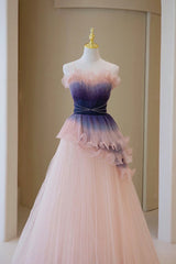 Unique Pink Gradient Long Prom Dress, A-Line Strapless Evening Party Dress