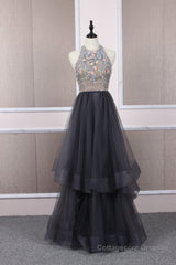 Unique tulle beads long prom dress tulle long evening dress