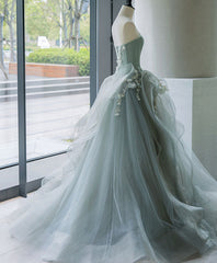 Unique Tulle Lace Gray Green Long Prom Gown, Tulle Lace Evening Dress