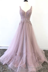 Unique v neck tulle lace long prom dress, tulle evening dress