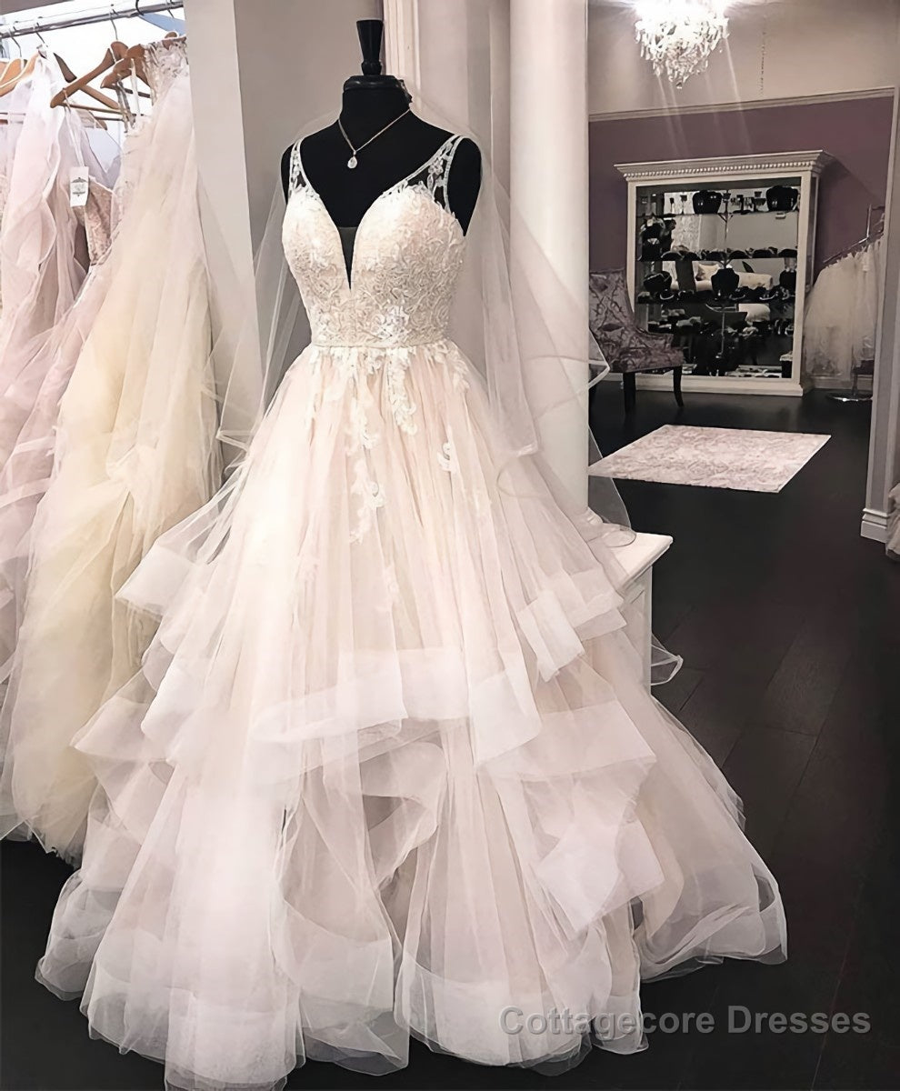 Unique v neck tulle lace long prom dress, tulle lace wedding dress