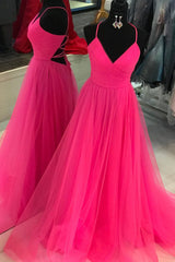 V Neck A-line Hot Pink Long Tulle Prom Graduation Dresses with Lace-up Back