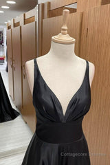 V Neck Backless Black Satin Long Prom Dresses, Backless Black Formal Dresses, Black Evening Dresses