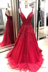 V Neck Backless Burgundy Lace Long Prom Dresses, Burgundy Lace Formal Graduation Evening Dresses