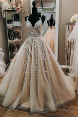 V Neck Backless Champagne Tulle Lace Long Prom Dresses, Champagne Lace Formal Evening Dresses, Champagne Ball Gown