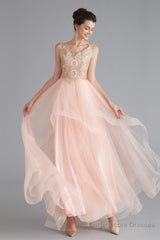 V-Neck Beaded Applique Asymmetrical Sleeveless Tulle Prom Dresses