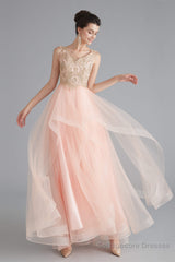 V-Neck Beaded Applique Asymmetrical Sleeveless Tulle Prom Dresses