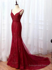 V Neck Burgundy Mermaid Lace Prom Dresses, Wine Red Mermaid Lace Formal Bridesmaid Dresses