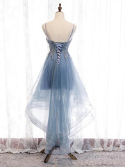 V Neck High Low Blue Lace Prom Dresses, Blue Lace High Low Formal Evening Graduation Dresses