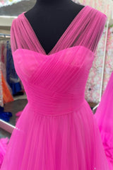 V Neck Hot Pink Black Long Prom Dresses, Pink Black Long Formal Evening Dresses