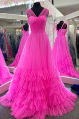 V-Neck Hot Pink Layered Tulle Formal Dresses