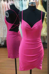 V-Neck Hot Pink Pleated Bodycon Homecoming Dresses