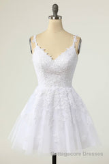 V-Neck Lilace Tulle A-Line Short Party Dress with Appliques