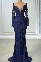 V-neck Mermaid Lace Floor-length Long Sleeve Sequined Prom Dresses