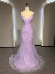 V Neck Mermaid Purple Lace Prom Dresses, V Neck Mermaid Purple Lace Formal Evening Dresses