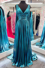 V-Neck Metallic Pleated Malachite Blue Prom Dresses with Cape