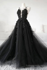 V Neck Open Back Black Tulle Lace Floral Long Prom Dresses, Black Lace Formal Evening Dresses with Appliques