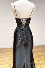 V Neck Open Back Mermaid Black Lace Long Prom Dress with High Slit, Mermaid Black Formal Dress, Black Lace Evening Dress