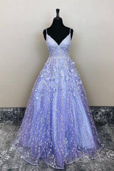 V Neck Open Back Purple Lace Floral Long Prom Dress, Purple Lace Floral Formal Evening Dress