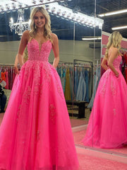 V Neck Pink A Line Lace Long Prom Dress