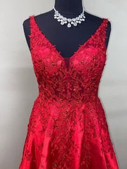 V-neck Red Long Prom Dress with Lace and Beading