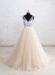 V-neck See-through Bodice Champagne Tulle Wedding Dresses