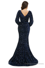 V-Neck Sequins Long Sleeve Side Split Formal Evening Dresses