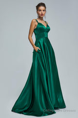 V-Neck Spaghetti Strap with Pocket Side Slit Special Long Prom Dresses