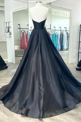 V Neck Strapless Black Satin Long Prom Dresses, Strapless Black Formal Dresses, Long Black Evening Dresses