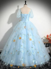 V Neck Tulle Lace Blue Long Prom Dresses, A-Line Blue Lace Long Sweet 16 Dresses