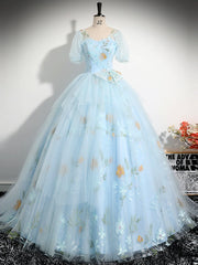 V Neck Tulle Lace Blue Long Prom Dresses, A-Line Blue Lace Long Sweet 16 Dresses