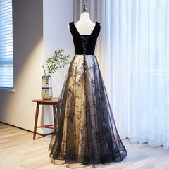 V-neckline Black Tulle with Velvet Top Long Evening Dresses Party Dresses, A-line Wedding Party Dresses