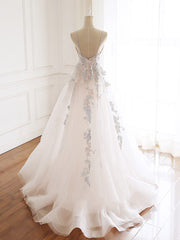 V-neckline Lace Applique Floor Length Party Dress, Charming White Floral Prom Dress