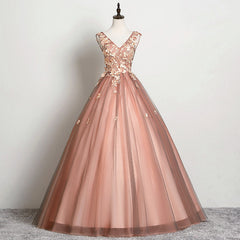 V-neckline Tulle Ball Gown Pink Sweet 16 Dresses, Ball Gown Lace Applique Quinceanera Dresses