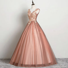 V-neckline Tulle Ball Gown Pink Sweet 16 Dresses, Ball Gown Lace Applique Quinceanera Dresses