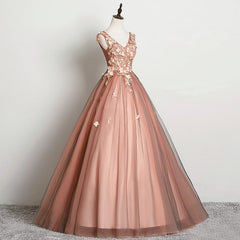 V-neckline Tulle Ball Gown Pink Sweet 16 Dresses, Ball Gown Lace Applique Quinceanera Dresses