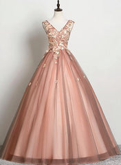 V-neckline Tulle Ball Gown Pink Sweet 16 Dresses, Ball Gown Lace Applique Quinceanera Dresses