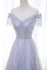 A-Line Tulle Sequins Long Prom Dress, Off the Shoulder Evening Party Dress