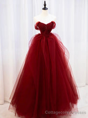 Burgundy Sweetheart Tulle Long Prom Dress with Beaded, Burgundy Party Dress