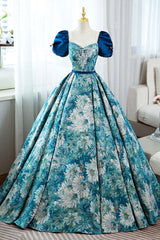 Blue Printed Long A-Line Prom Dress, Elegant Short Sleeve Formal Dress