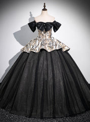 Vintage Black Tulle Sequins Off the Shoulder Quinceanera Dresses With Bow