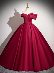 Vintage Burgundy Satin Off the Shoulder Flower Prom Dress