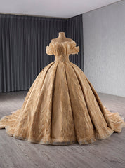 Vintage Champagne Ball Gown Tulle Sequins Off the Shoulder Prom Dresses