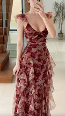 Vintage Chiffon Print Irregular Ruffles Long Prom Dress A Line Evening Party Dress