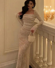 Vintage Mermaid Lace Prom Dresses Elegant Apricot Square Collar Evening Party Gown