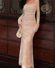 Vintage Mermaid Lace Prom Dresses Elegant Apricot Square Collar Evening Party Gown