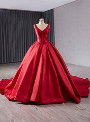 Vintage Red Satin V-neck Prom Dresses