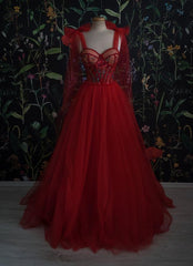 Vintage Red Tulle Prom Dress,Women Evening Gowns with Flowers